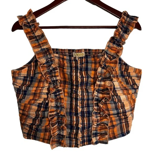 Verb by Pallavi Singhee x Anthropologie Ruffled Plaid Top Smocked Orange Medium - Picture 2 of 15